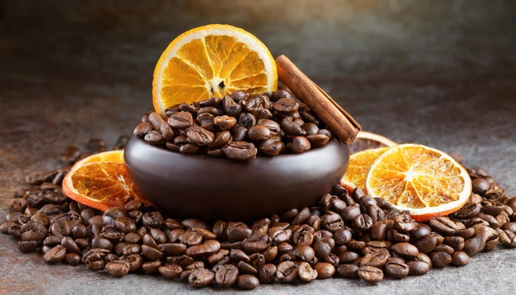 Des grains de café torréfié avec des quartiers d'orange